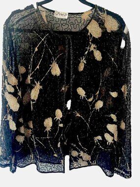 Vintage JMD New York Black Beaded Sequin Long Sleeve Jacket Sz.M/L Formal
